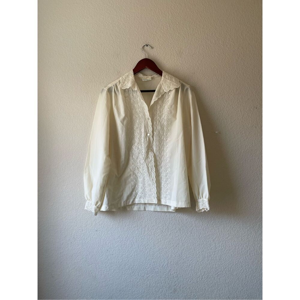 Vintage eyelet lace boho cottagecore core‎ long sleeve button up blouse large